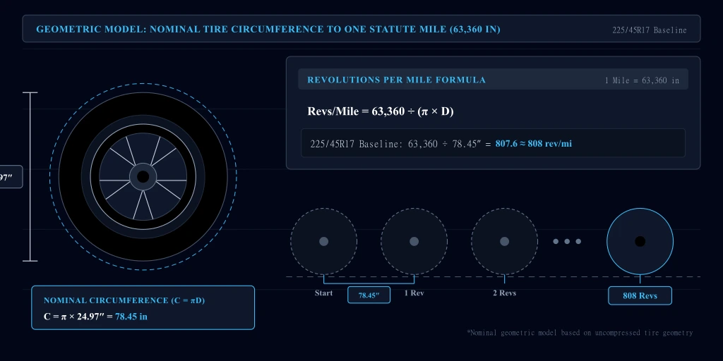 Technical diagram showing how nominal tire circumference divides one statute mile into 808 discrete tire revolutions